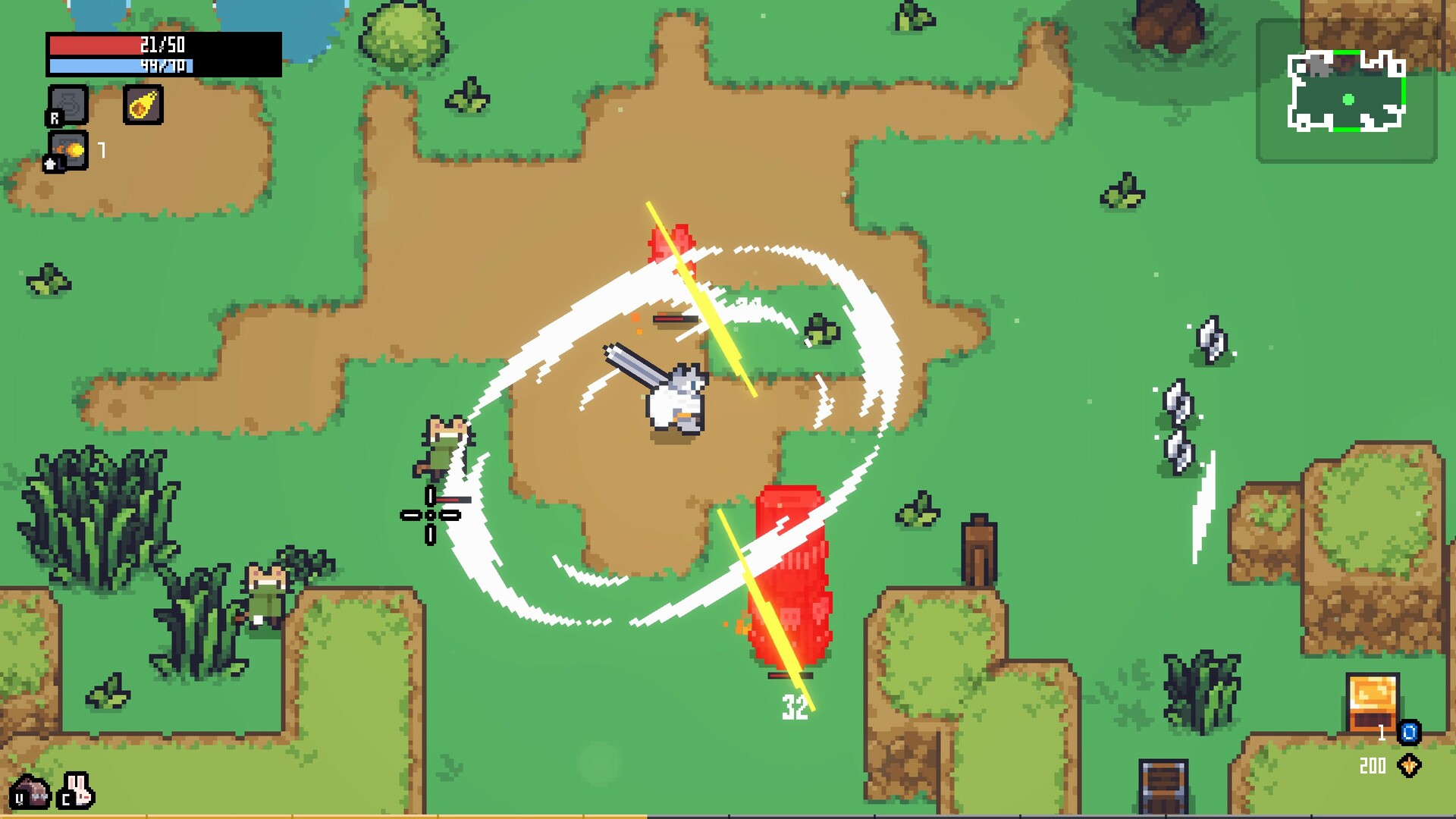Sephiria combat: sword swing arcs with damage numbers