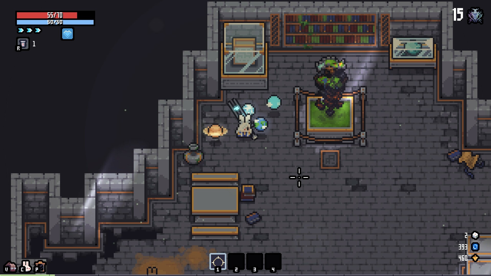 Sephiria gameplay: museum room with item pedestals